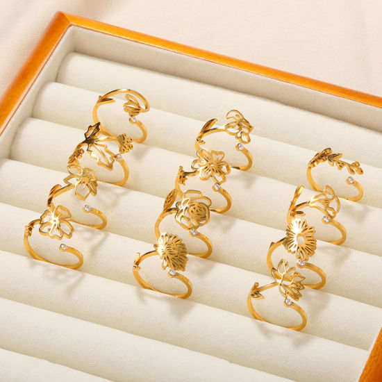 Imagen de Enchapado al Vacío Ecológico Dulce & Lindo Flor del Mes de Nacimiento Chapado en Oro de 18K 304 Acero Inoxidable Abierto Ajustable Flor Hueco Anillos Para Mujeres Cumpleaños 1 Unidad