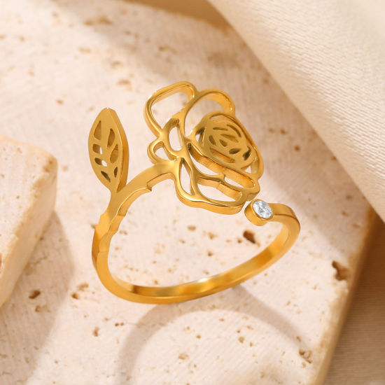 Imagen de Enchapado al Vacío Ecológico Dulce & Lindo Flor del Mes de Nacimiento Chapado en Oro de 18K 304 Acero Inoxidable Abierto Ajustable Flor Hueco Anillos Para Mujeres Cumpleaños 1 Unidad