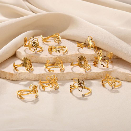 Imagen de Enchapado al Vacío Ecológico Dulce & Lindo Flor del Mes de Nacimiento Chapado en Oro de 18K 304 Acero Inoxidable Abierto Ajustable Flor Hueco Anillos Para Mujeres Cumpleaños 1 Unidad