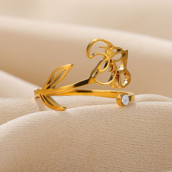 Imagen de Enchapado al Vacío Ecológico Dulce & Lindo Flor del Mes de Nacimiento Chapado en Oro de 18K 304 Acero Inoxidable Abierto Ajustable Flor Hueco Anillos Para Mujeres Cumpleaños 1 Unidad