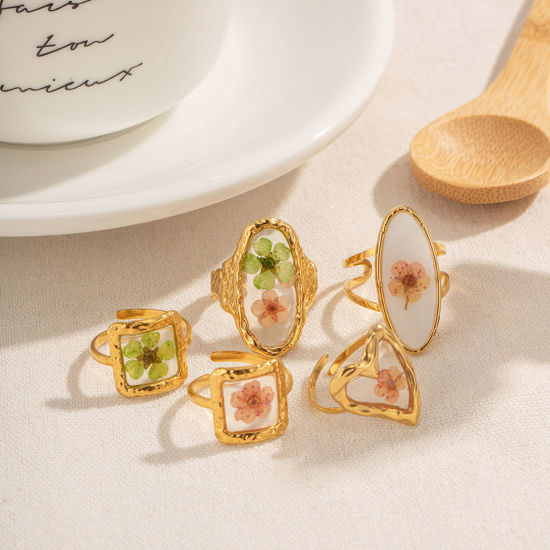 Bild von Umweltfreundliche Vakuumbeschichtung Stilvoll Handgemachte Harz Schmuck Echte Blume 18K Echtgold plattiert 304 Edelstahl & Harz Offen Quadrat Blumen Ring Für Frauen Party 1 Stück