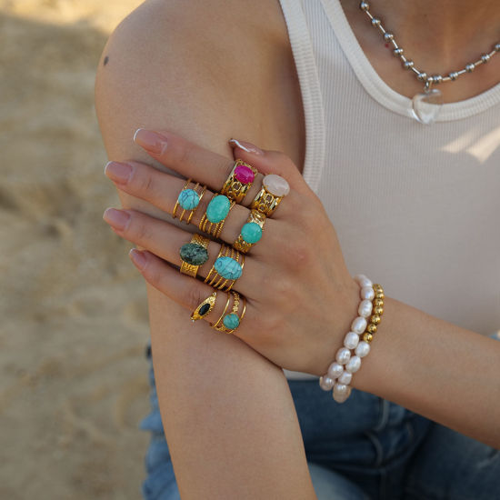 Imagen de Enchapado al Vacío Ecológico Retro Bohemia 18K Oro Real Chapado 304 Acero Inoxidable & Piedra Abierto Óvalo Ronda Anillos Para Mujeres Fiesta 1 Unidad