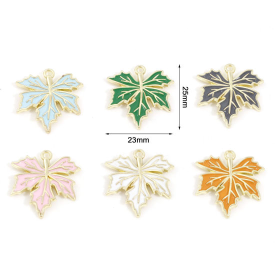 Immagine di Lega di Zinco Charms Oro Placcato Multicolore Foglia d'Acero Smalto 25mm x 23mm, 10 Pz