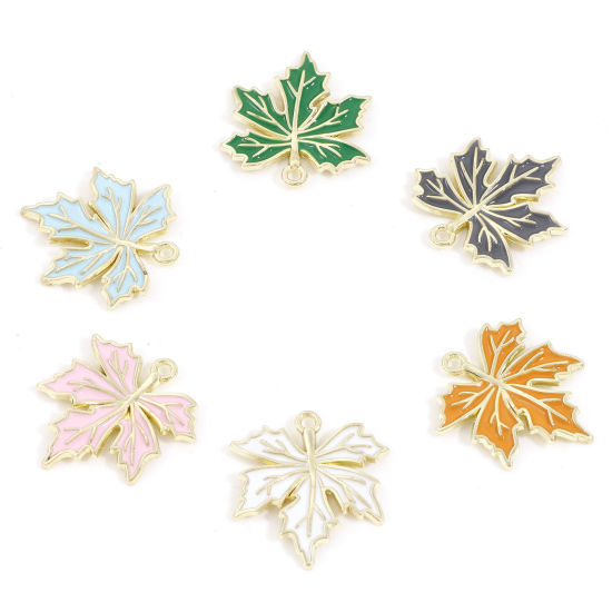 Immagine di Lega di Zinco Charms Oro Placcato Multicolore Foglia d'Acero Smalto 25mm x 23mm, 10 Pz