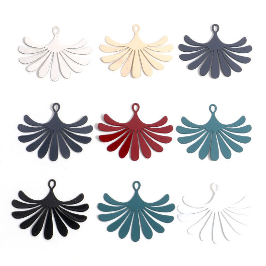 Image de Pendentifs Estampe en Filigrane en Alliage de Fer Multicolore Eventail Feuilles de Fleur 3.5cm x 2.9cm, 10 Pcs