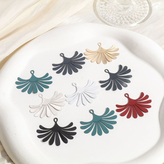 Picture of Iron Based Alloy Filigree Stamping Pendants Multicolor Fan-shaped Flower Leaves 3.5cm x 2.9cm