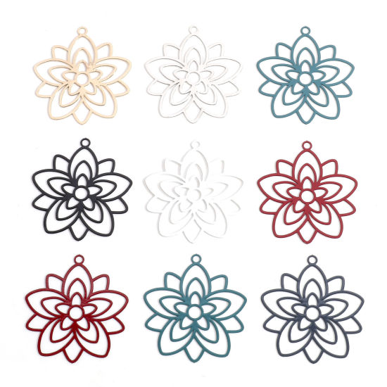 Picture of Iron Based Alloy Filigree Stamping Pendants Multicolor Flower Hollow 3.3cm x 3cm