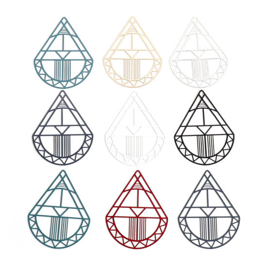 Bild von Eisenlegierung Filigran Stempel Verzierung Anhänger Bunt Tropfen Filigran 4.4cm x 3.4cm, 10 Stück