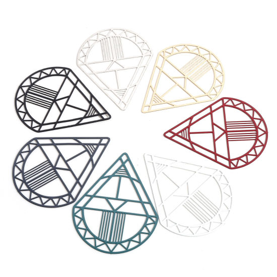 Bild von Eisenlegierung Filigran Stempel Verzierung Anhänger Bunt Tropfen Filigran 4.4cm x 3.4cm, 10 Stück