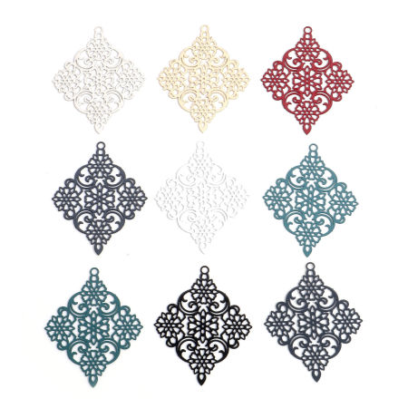 Immagine di Lega di Ferro Filigree Stamping Ciondoli Multicolore Rombo Filigrana 3.8cm x 3cm, 10 Pz