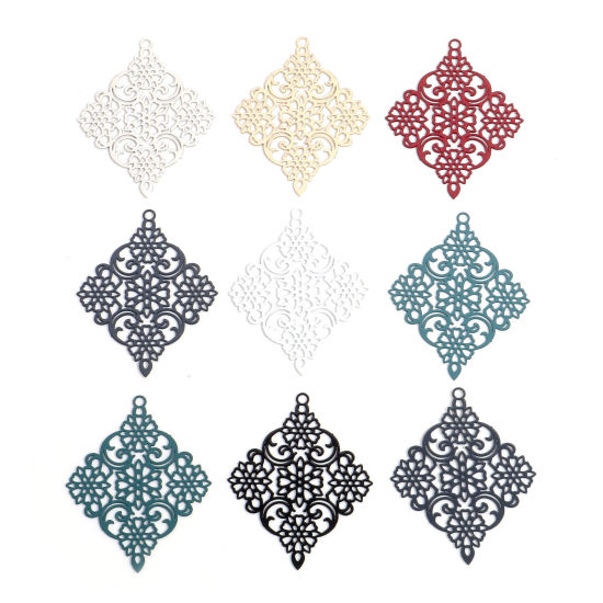 Bild von Eisenlegierung Filigran Stempel Verzierung Anhänger Bunt Raute Filigran 3.8cm x 3cm, 10 Stück