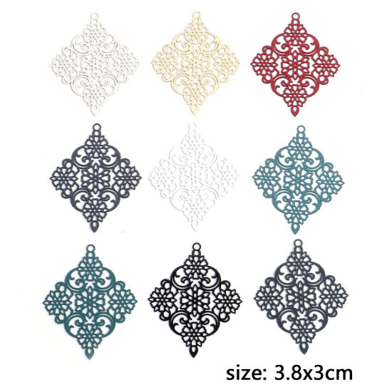 Bild von Eisenlegierung Filigran Stempel Verzierung Anhänger Bunt Raute Filigran 3.8cm x 3cm, 10 Stück