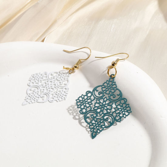 Bild von Eisenlegierung Filigran Stempel Verzierung Anhänger Bunt Raute Filigran 3.8cm x 3cm, 10 Stück