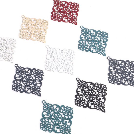 Bild von Eisenlegierung Filigran Stempel Verzierung Anhänger Bunt Raute Filigran 3.8cm x 3cm, 10 Stück