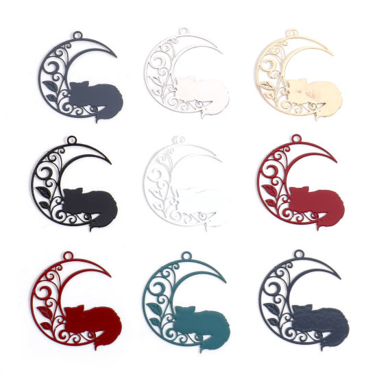 Picture of Iron Based Alloy Filigree Stamping Charms Multicolor Half Moon Cat Hollow 26mm x 22mm