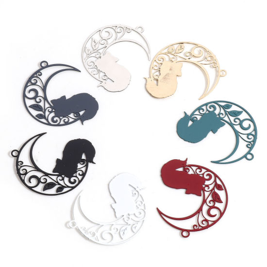 Picture of Iron Based Alloy Filigree Stamping Charms Multicolor Half Moon Cat Hollow 26mm x 22mm