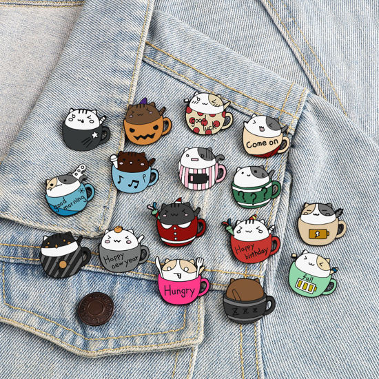 Picture of Cute Pin Brooches Cup Cat Multicolor Enamel