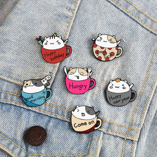 Picture of Cute Pin Brooches Cup Cat Multicolor Enamel