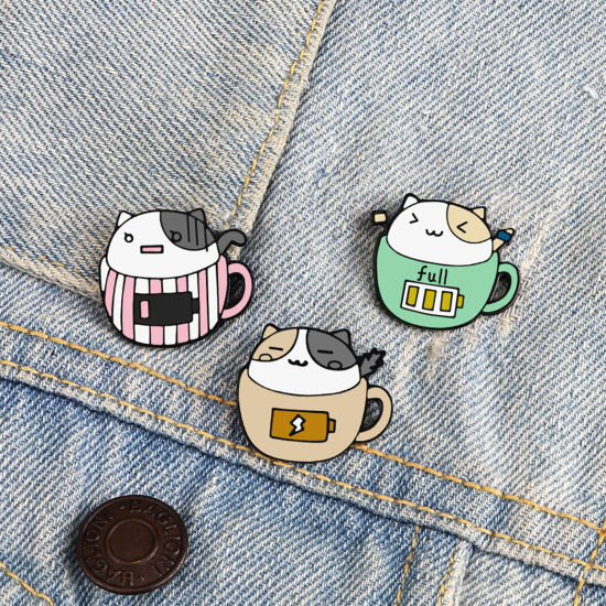 Picture of Cute Pin Brooches Cup Cat Multicolor Enamel