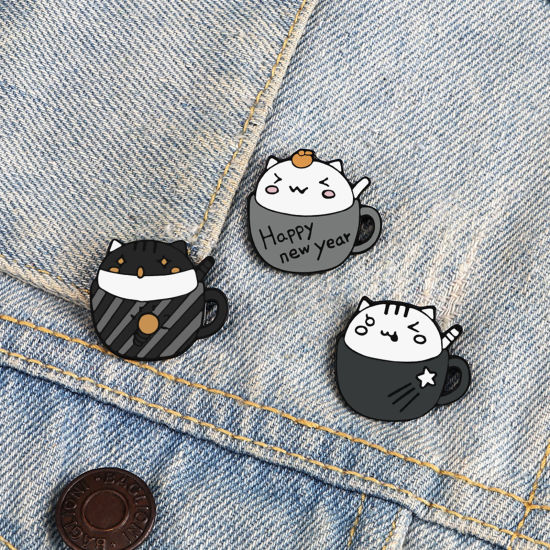 Picture of Cute Pin Brooches Cup Cat Multicolor Enamel