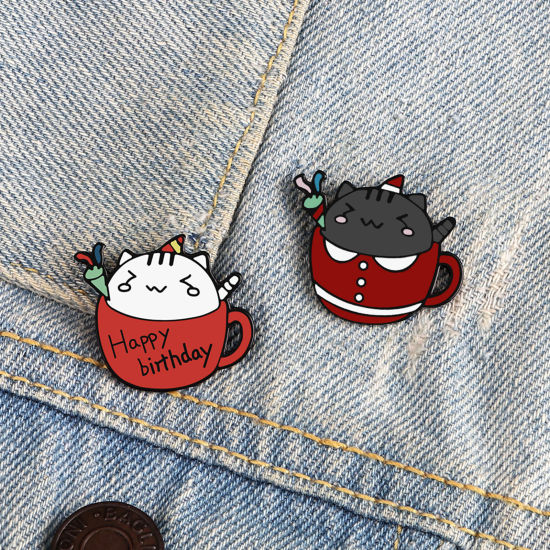 Picture of Cute Pin Brooches Cup Cat Multicolor Enamel