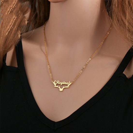 Picture of 304 Stainless Steel Customized Name Necklace Personalized Letter Charm Pendant Deer Horn/ Antler Multicolor 45cm(17.7") long