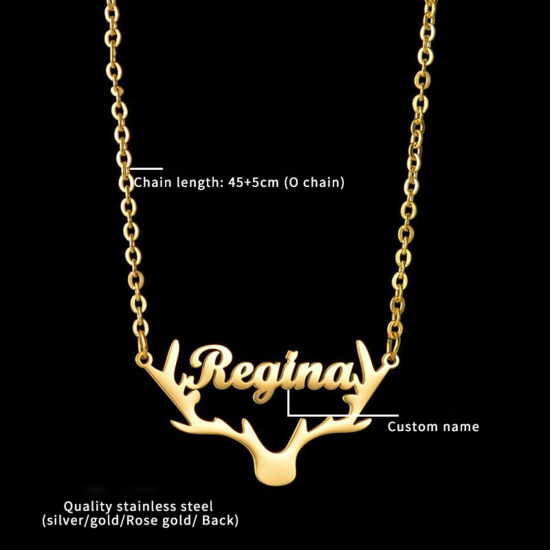 Picture of 304 Stainless Steel Customized Name Necklace Personalized Letter Charm Pendant Deer Horn/ Antler Multicolor 45cm(17.7") long