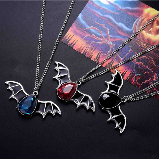 Bild von Gotisch Anhänger Halskette Antiksilber Halloween Fledermaus Bunt Strass 1 Strang