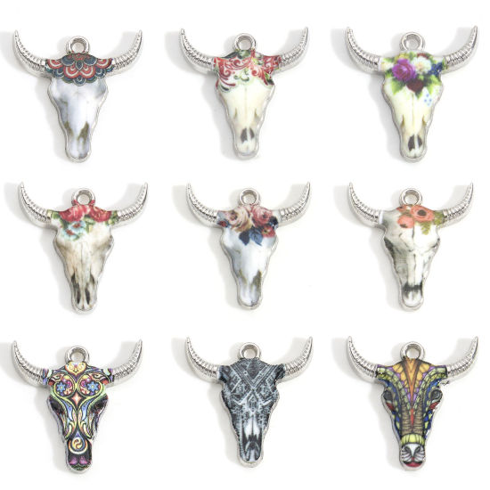 Imagen de Zamak Bohemia Colgantes Charms Tono de Plata Multicolor Cabeza de Toro/Cabeza de Vaca Esmalte 22mm x 21mm, 10 Unidades