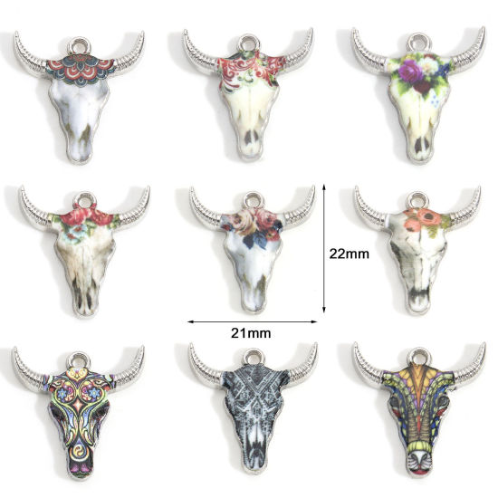 Imagen de Zamak Bohemia Colgantes Charms Tono de Plata Multicolor Cabeza de Toro/Cabeza de Vaca Esmalte 22mm x 21mm, 10 Unidades