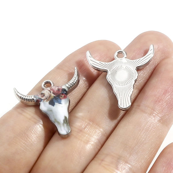 Imagen de Zamak Bohemia Colgantes Charms Tono de Plata Multicolor Cabeza de Toro/Cabeza de Vaca Esmalte 22mm x 21mm, 10 Unidades