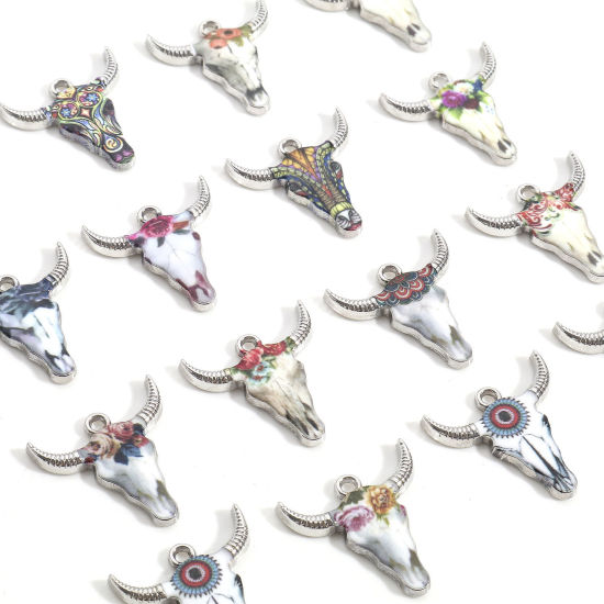 Imagen de Zamak Bohemia Colgantes Charms Tono de Plata Multicolor Cabeza de Toro/Cabeza de Vaca Esmalte 22mm x 21mm, 10 Unidades