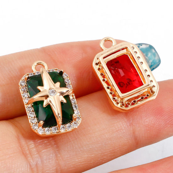 Immagine di Ottone + Vetro Galassia Charms Rettangolo 18K Vero Oro Placcato Stella Multicolore Cubic Zirconiae 17.5mm x 11mm, 1 Pz