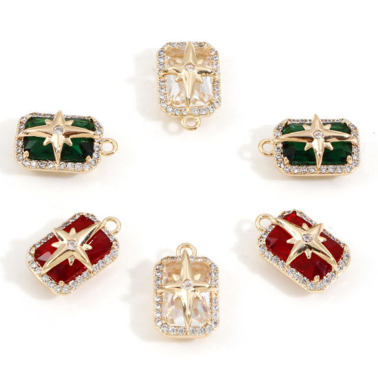 Immagine di Ottone + Vetro Galassia Charms Rettangolo 18K Vero Oro Placcato Stella Multicolore Cubic Zirconiae 17.5mm x 11mm, 1 Pz