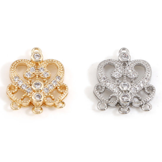 Immagine di Ottone Stile del Carattere della Corte Reale Charms Accessori Cuore Vero Oro Placcato Filigrana Trasparente Cubic Zirconiae 15.5mm x 12.5mm, 2 Pz