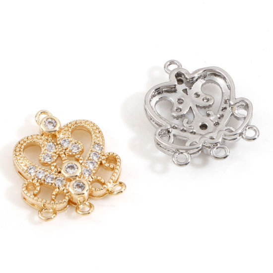 Immagine di Ottone Stile del Carattere della Corte Reale Charms Accessori Cuore Vero Oro Placcato Filigrana Trasparente Cubic Zirconiae 15.5mm x 12.5mm, 2 Pz