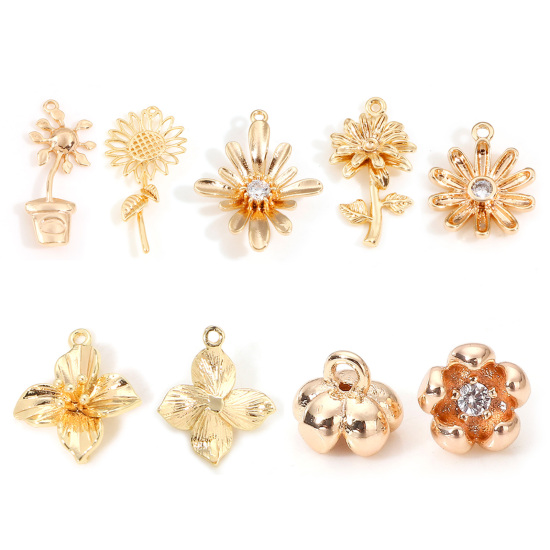 Immagine di Ottone Charms Fiore 18K Vero Oro Placcato Stella Trasparente Cubic Zirconiae 2 Pz