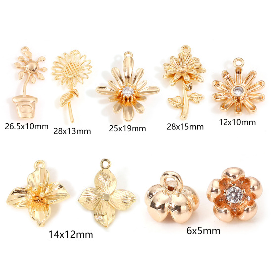 Immagine di Ottone Charms Fiore 18K Vero Oro Placcato Stella Trasparente Cubic Zirconiae 2 Pz