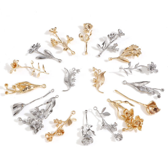 Изображение Латунь Подвески Цветы настоящее золото с покрытием Трехмерный 2 ШТ