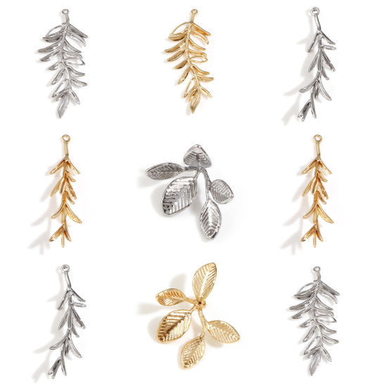 Bild von Messing Anhänger Echtgold plattiert Blätter 3D 2 Stück