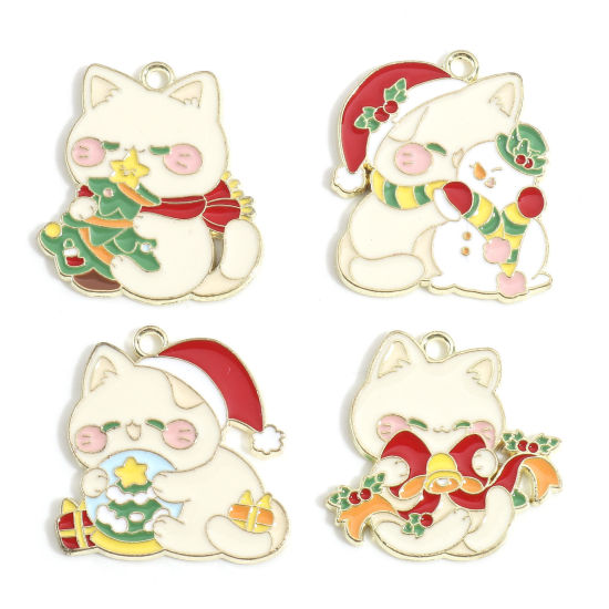 Immagine di Lega di Zinco Natale Charms Oro Placcato Multicolore Gatto Smalto 10 Pz