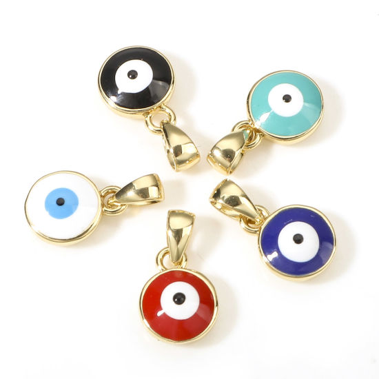 Image de Breloques Religieux en Laiton Rond Plaqué Or Véritable 18K Multicolore Œil Mauvais Émail 14.5mm x 8mm, 1 Pièce
