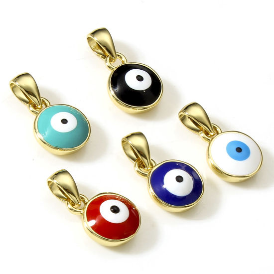 Image de Breloques Religieux en Laiton Rond Plaqué Or Véritable 18K Multicolore Œil Mauvais Émail 14.5mm x 8mm, 1 Pièce