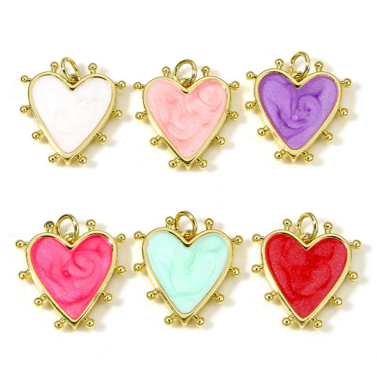 Image de Breloques La Saint Valentin en Laiton Cœur Plaqué Or Véritable 18K Multicolore Perlaire Émail 19mm x 18mm, 1 Pièce