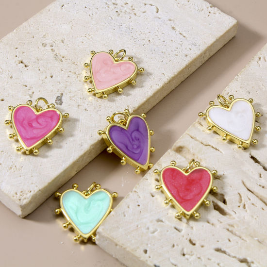 Image de Breloques La Saint Valentin en Laiton Cœur Plaqué Or Véritable 18K Multicolore Perlaire Émail 19mm x 18mm, 1 Pièce