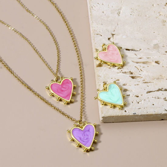 Image de Breloques La Saint Valentin en Laiton Cœur Plaqué Or Véritable 18K Multicolore Perlaire Émail 19mm x 18mm, 1 Pièce