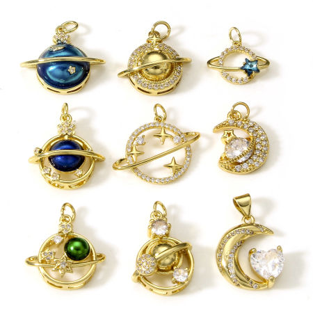 Brass Galaxy Charms 18K Real Gold Plated Planet Clear Cubic Zirconia