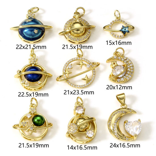 Picture of Brass Galaxy Charms 18K Real Gold Plated Planet Clear Cubic Zirconia