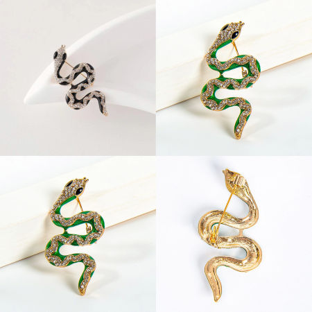 Gothic Pin Brooches Snake Animal Gold Plated Multicolor Clear Rhinestone