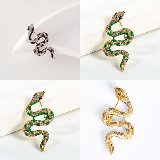 Picture of Gothic Pin Brooches Snake Animal Gold Plated Multicolor Clear Rhinestone